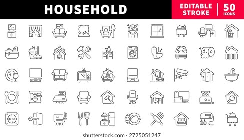 Conjunto de ícones de linha editável doméstica. símbolos de casa e equipamento