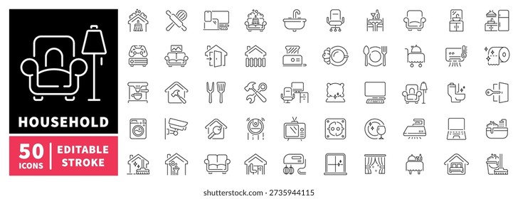 Household editable line icons set: home and living essentials