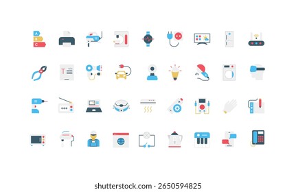 Household electric appliances, smart devices and kitchen housework equipment color icon set. Battery and microwave, hairdryer and air conditioner, washing machine, LED flat vector illustration