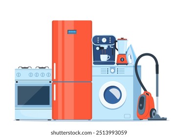 Composição dos dispositivos elétricos domésticos. Conjunto de equipamentos domésticos. Equipamento doméstico. Eletrônica da casa. Ilustração vetorial