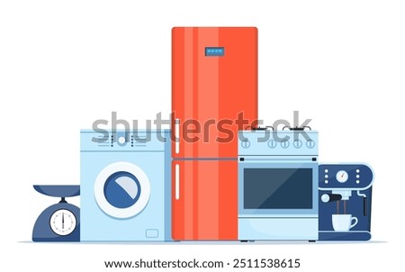 Household electric devices composition. Home appliance set. Domestic equipment. House electronics. Vector illustration