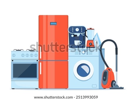 Household electric devices composition. Home appliance set. Domestic equipment. House electronics. Vector illustration