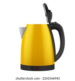 Household Electric Kettle with Open Lid in Yellow Color. Realistic Kitchen Appliance to Heat Water and Make Hot Drinks on White Background