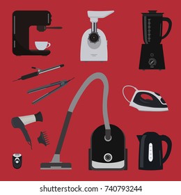 Household electrical appliances on a red background. There is a kettle, a vacuum cleaner, a blender, a meat grinder, iron, a hair dryer, epilator and other objects in the picture. Vector illustration