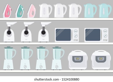 Household electrical appliances on shelves. There are meat grinders, kettles, microwaves, blenders, irons and slow cookers in the picture. Vector illustration