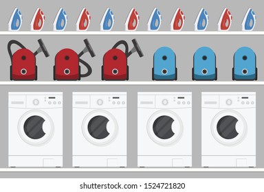 Household electrical appliances on shelves. There are washing machines, vacuum cleaners and irons in the picture. Vector illustration