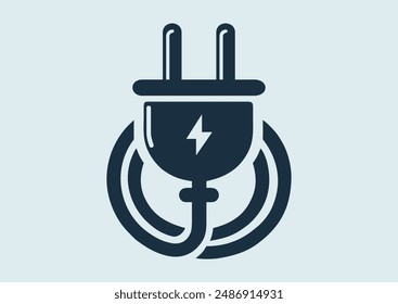 Elektrischer Haushaltsstecker. Schwarz-Weiß Vektorgrafik Silhouette auf hellem Hintergrund. Piktogramm, Symbol, Logo, Grafik, Flyer, Poster, Karte