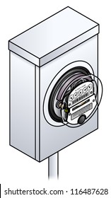 A household electricity / power meter mounted on a steel junction box.