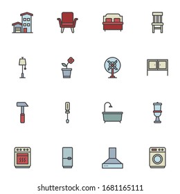 Household elements filled outline icons set, line vector symbol collection, linear colorful pictogram pack. Signs, logo illustration, Set includes icons as armchair, bed, cupboard, bathroom, kitchen