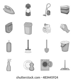 Household elements icons set in black monochrome style. Cleaning tools set collection vector illustration