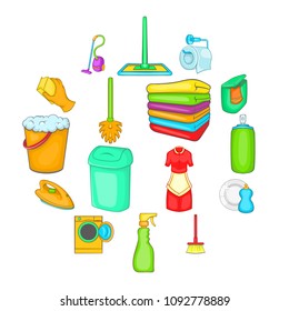 Household elements icons set in cartoon style. Cleaning tools set collection vector illustration