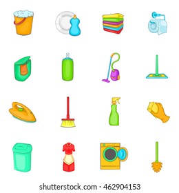 Household elements icons set in cartoon style. Cleaning tools set collection vector illustration