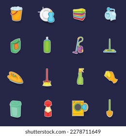 Household elements icons set stikers collection vector with shadow on purple background