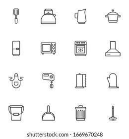 Household elements line icons set. linear style symbols collection, outline signs pack. vector graphics. Set includes icons as kitchenware, tea kettle, cooking pot, microwave stove, oven, hand mixer