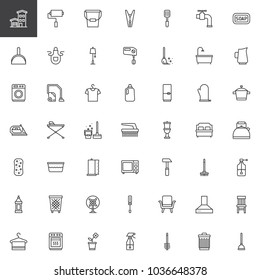 Household elements outline icons set. linear style symbols collection, line signs pack. vector graphics. Set includes icons as house, home, washing machine, vacuum cleaner, fridge, microwave oven, mop