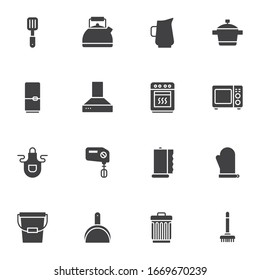 Household elements vector icons set, modern solid symbol collection, filled style pictogram pack. Signs, logo illustration. Set includes icons as kitchenware, tea kettle, cooking pot, microwave stove