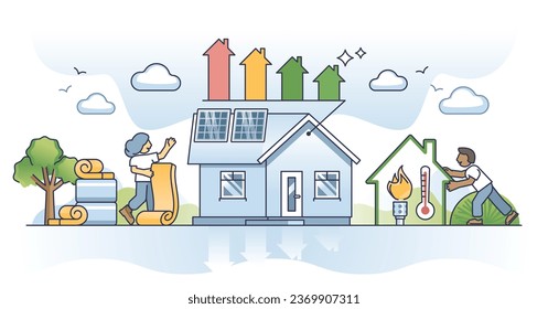 Energieeffizienz von Haushalten und Isolierung von Häusern, um Kosten zu sparen Leitkonzept. Gebäude-Umwelthaus mit niedriger Ressourcenverbrauchsklassifizierung und naturfreundlicher Rating, Vektorgrafik