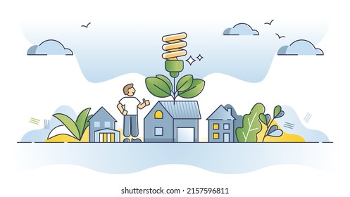 Household energy saving and LED lighting bulb consumption outline concept. Save electricity and turn off for environmental and nature friendly reasons vector illustration. Green eco resources usage.