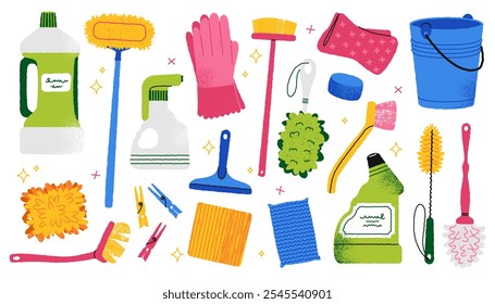 Household equipment. Cartoon cleaning products and tools, mop bucket vacuum cleaner duster gloves broom, housework service concept. Vector set.