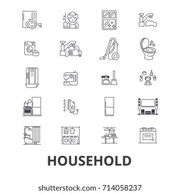 Household, equipment, cleaning, home, house, machine, appliances line icons. Editable strokes. Linear isolated signs