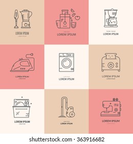 Household equipment for cooking and cleaning - collection of modern line logos with different house appliances. Utensils and kitchen tools.