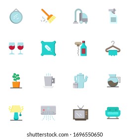Household equipment elements collection, flat icons set, Colorful symbols pack contains - mirror, hanger, houseplant, flowerpot, television, desk lamp, sofa. Vector illustration. Flat style design