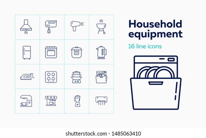 Household equipment line icon set. Set of line icons on white background. Household concept. Iron, microwave, oven, mixer. Vector illustration can be used for topics like home, kitchen, technics