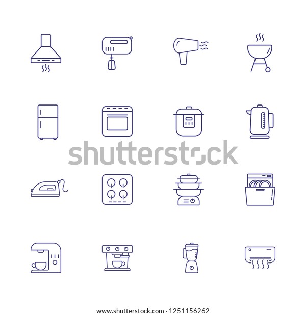 Household equipment line icon set. Set of line\
icons on white background. Household concept. Iron, microwave,\
oven, mixer. Vector illustration can be used for topics like home,\
kitchen, technics