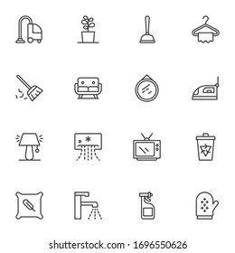 Household equipment line icons set. linear style symbols collection, outline signs pack. Home appliances vector graphics. Set includes icons - vacuum cleaner, electric iron, air conditioner, desk lamp