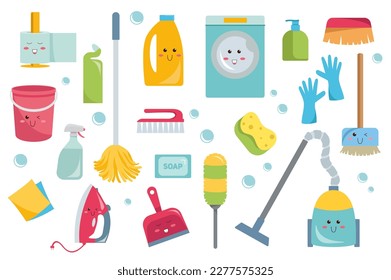 Household equipment set icons concept in the flat cartoon design. Equipment and tools that everyone needs to perform household duties. Vector illustration.