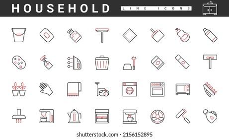Household equipment thin red and black line icons set vector illustration. Abstract simple manual and electric domestic appliances and machines for housework, cleaning service pictograms and signs