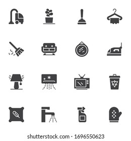 Household equipment vector icons set, modern solid symbol collection, Home appliances filled style pictogram pack. Signs, logo illustration. Set includes icons as vacuum cleaner, electric iron, lamp