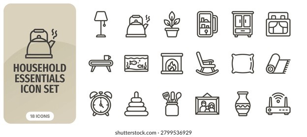 Household essentials icon set, vector illustration of home furniture and decor items, thin line style icons for interior design