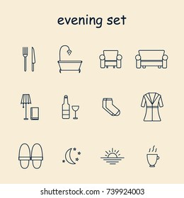 household evening icons set with sunset, dinner, bath, sofa, tea, book and wine