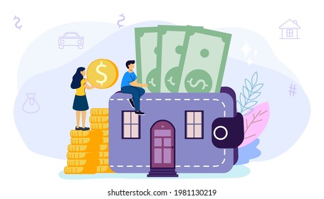 Household expenses Wallet with money coins House rental Buy real estate and pay credit to bank Mortgage loan Real estate investment Property purchase Home finance and budget Vector flat illustration