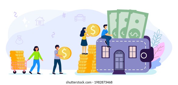 Household expenses Wallet with money coins House rental Buy real estate and pay credit to bank Mortgage loan Real estate investment Property purchase Home finance and budget Vector flat illustration