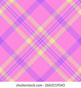 Household fabric check background, sparse pattern plaid textile. Trendy tartan vector seamless texture in pink and violet colors palette.