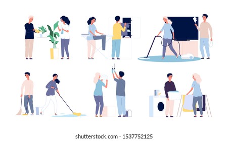 Household family. People cleaning his home rooms happy male female working vector characters