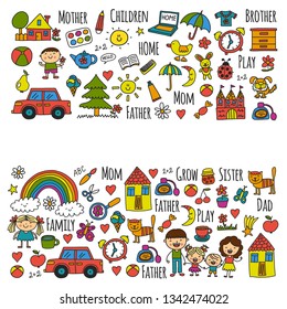 Household, family. Vector pattern. Parents with little children