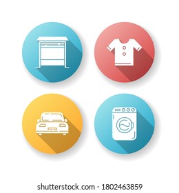 Household flat design long shadow glyph icons set. Open garage gate for parking lot. Clean tee shirt. Washing machine to do laundry. Laundromat to tidy clothes. Silhouette RGB color illustration