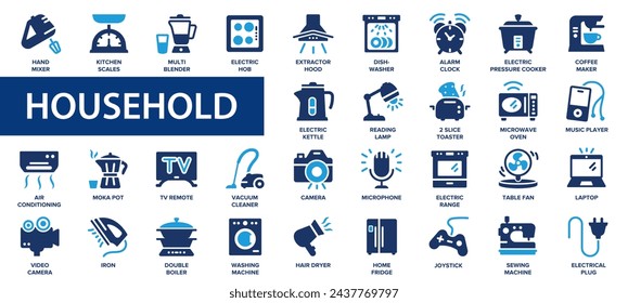 Household flat icons set. Coffeemaker, air conditioning, housework, cleaner, bathroom icons and more signs. Flat icon collection.