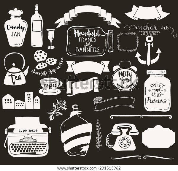 Household Frames and Banners - Set of everyday\
objects, including jars, teapot, vintage typewriter, alarm clock\
and retro telephone, used as whimsical labels. Black and white,\
hand drawn