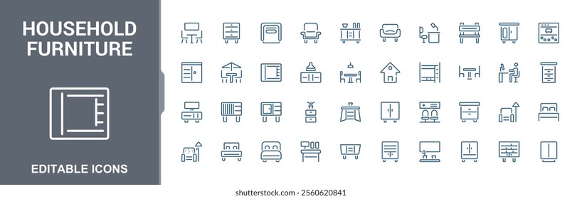 Household Furniture icon. Contains related to bedroom, drawer, seat, sofa, bed, table. Minimal icons. Vector illustration in modern line style.