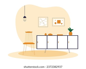 Household furniture is neatly arranged in the room, paintings complement the background, hanging lamps for aesthetic impression, interior vector illustration.