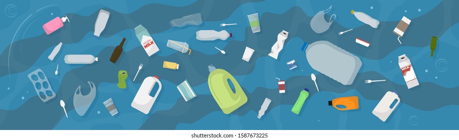 Household garbage floating in dirty water, horizontal image (panorama). Top view. Vector illustration.