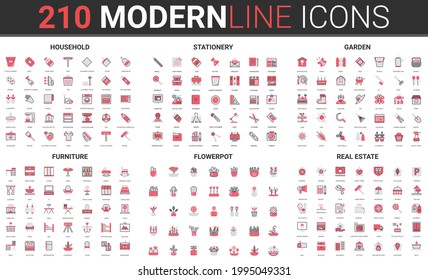 Household garden work tools, office home stationery and furniture, real estate thin red black line icon vector illustration set. Outline symbols for gardening, flower plant pot, clean home collection