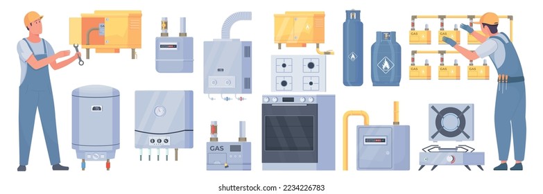 Household gas appliance flat set with stove cooker heater tank panel meter and workers fixing or checking equipment isolated vector illustration