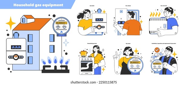 Household gas appliance set. Annual checking or maintaining of gas equipment. Fossil fuel and eco-friendly energy. Flat vector illustration