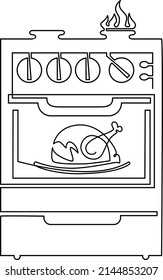 Household gas stove with fried chicken in the oven. Humorous illustration. Vector continuous line drawing, isolated on white background.