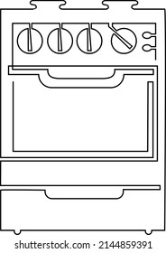 Household gas stove with oven without fire. Humorous illustration. Vector continuous line drawing, isolated on white background.